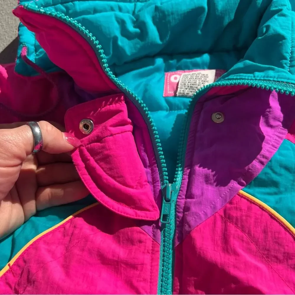 Vintage 90s OshKosh B’Gosh neon pink purple color block winter parka puffer coat